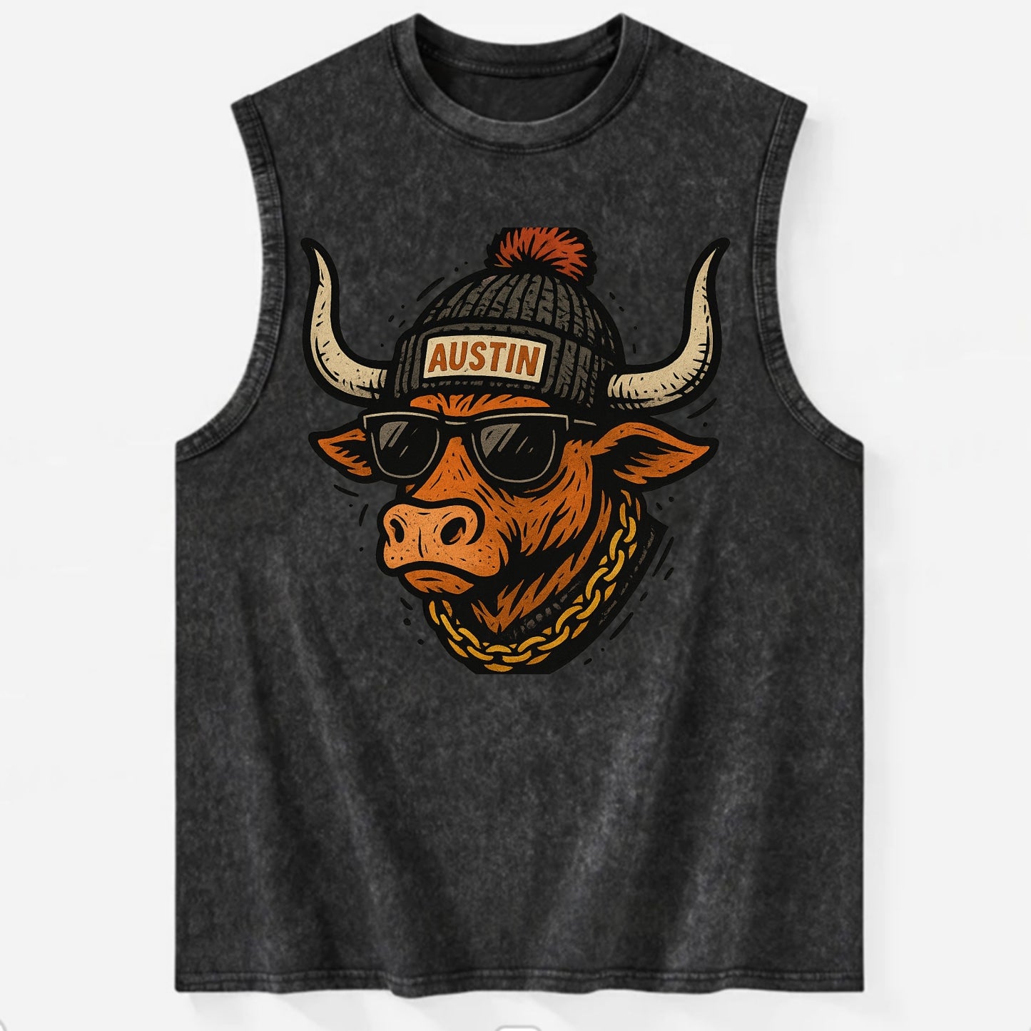 Texas Longhorn wearing Austin beanie with pom pom and wayfarer sunglasses - Vintage Washed Tank - Black