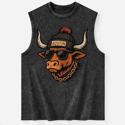 Texas Longhorn wearing Austin beanie with pom pom and wayfarer sunglasses - Vintage Washed Tank - Black