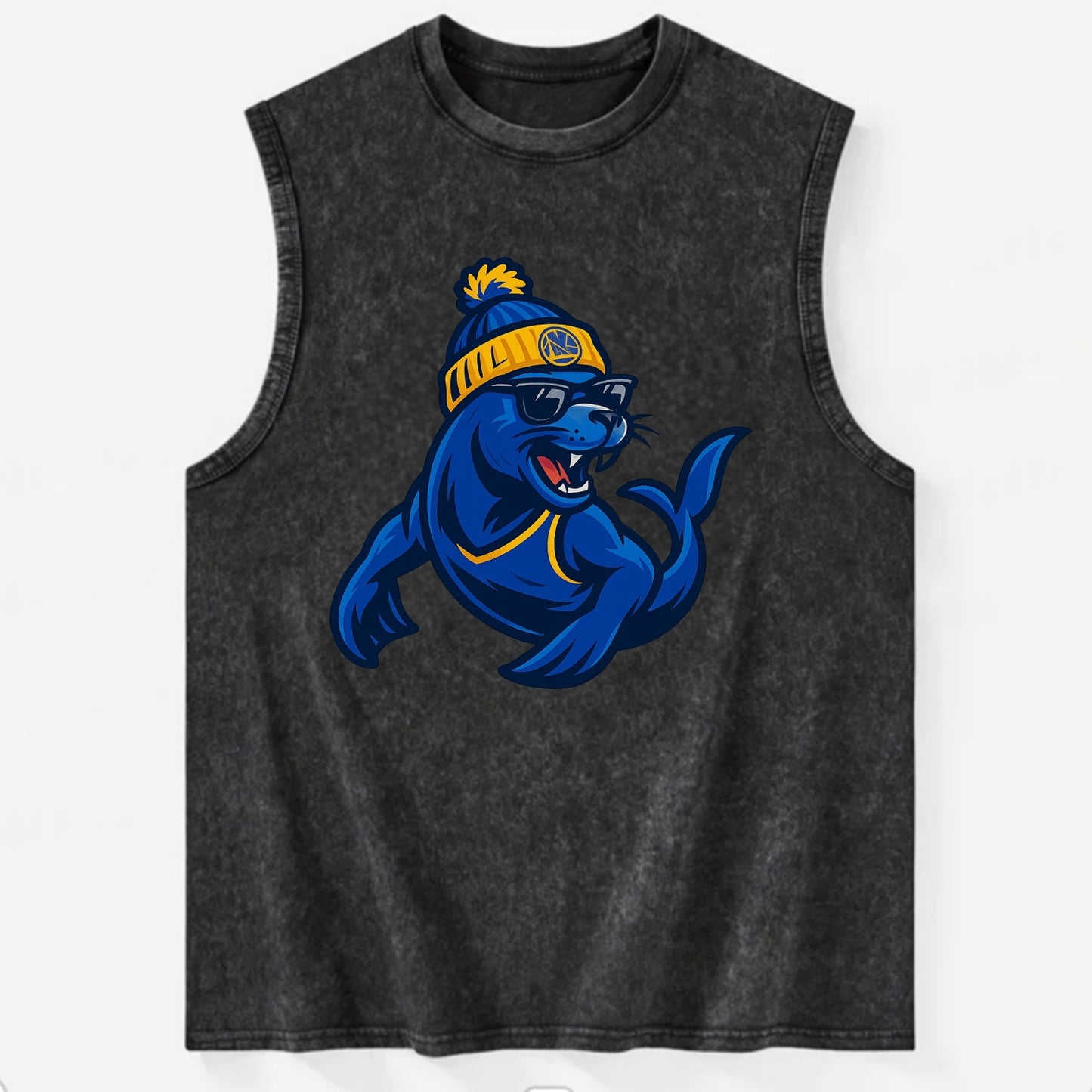 Bay Area Sea Lion wearing Warriors blue and gold beanie with Golden Gate and - Vintage Washed Tank - Black