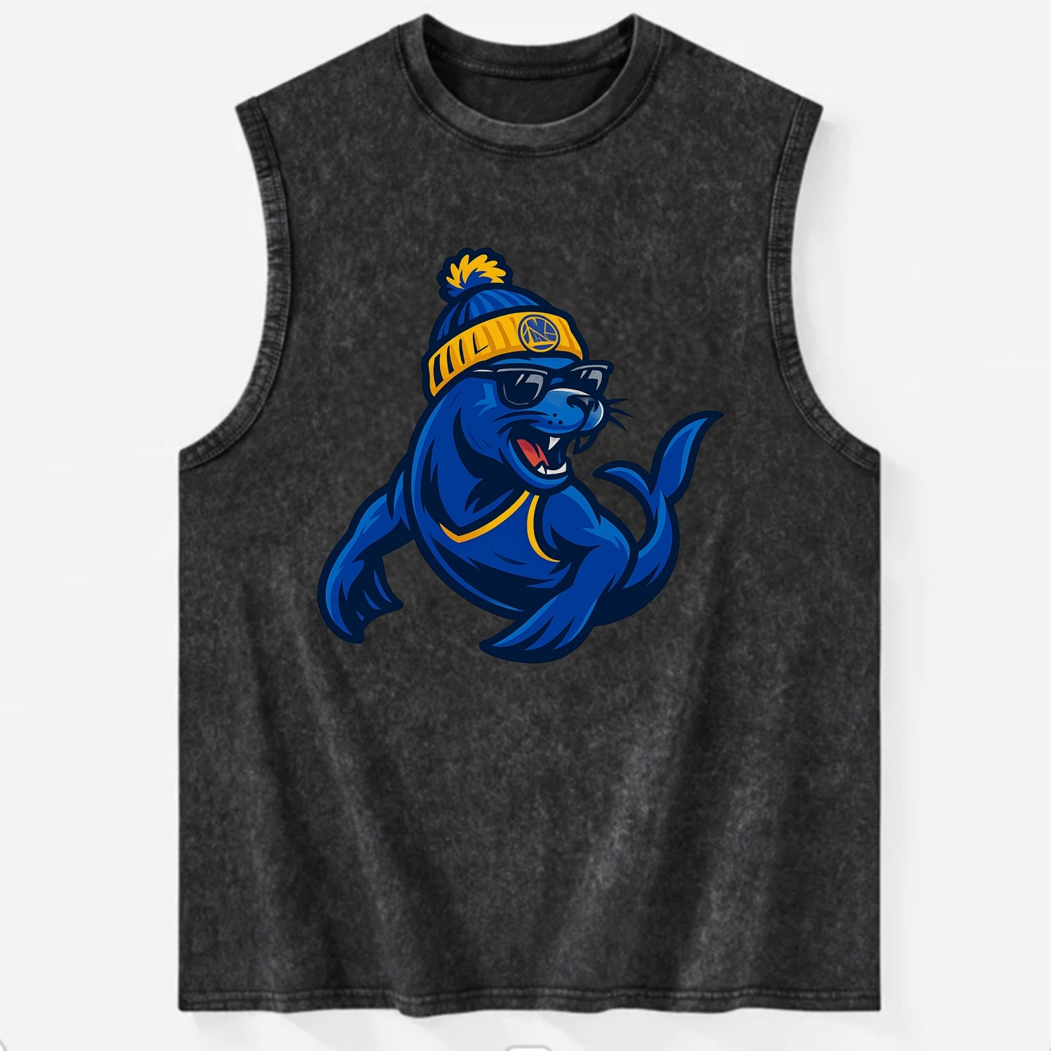 Bay Area Sea Lion wearing Warriors blue and gold beanie with Golden Gate and - Vintage Washed Tank - Black