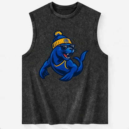 Bay Area Sea Lion wearing Warriors blue and gold beanie with Golden Gate and - Vintage Washed Tank - Black