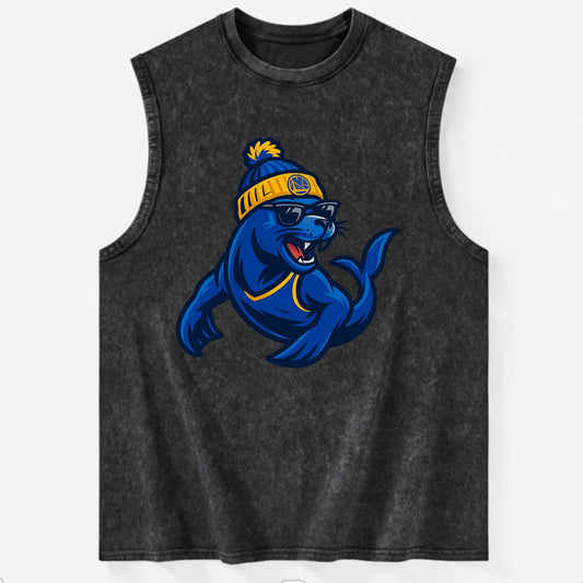 Bay Area Sea Lion wearing Warriors blue and gold beanie with Golden Gate and - Vintage Washed Tank - Black