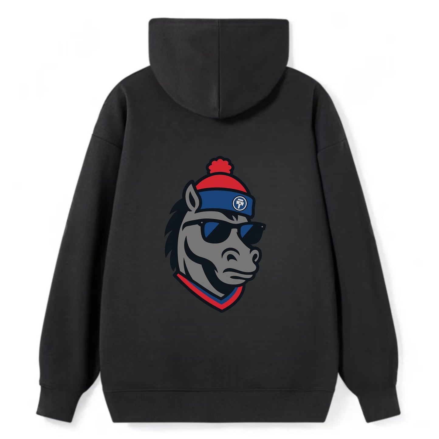 Detroit Stallion wearing Pistons red and blue beanie with piston patch - Classic Pullover Hoodie - Black
