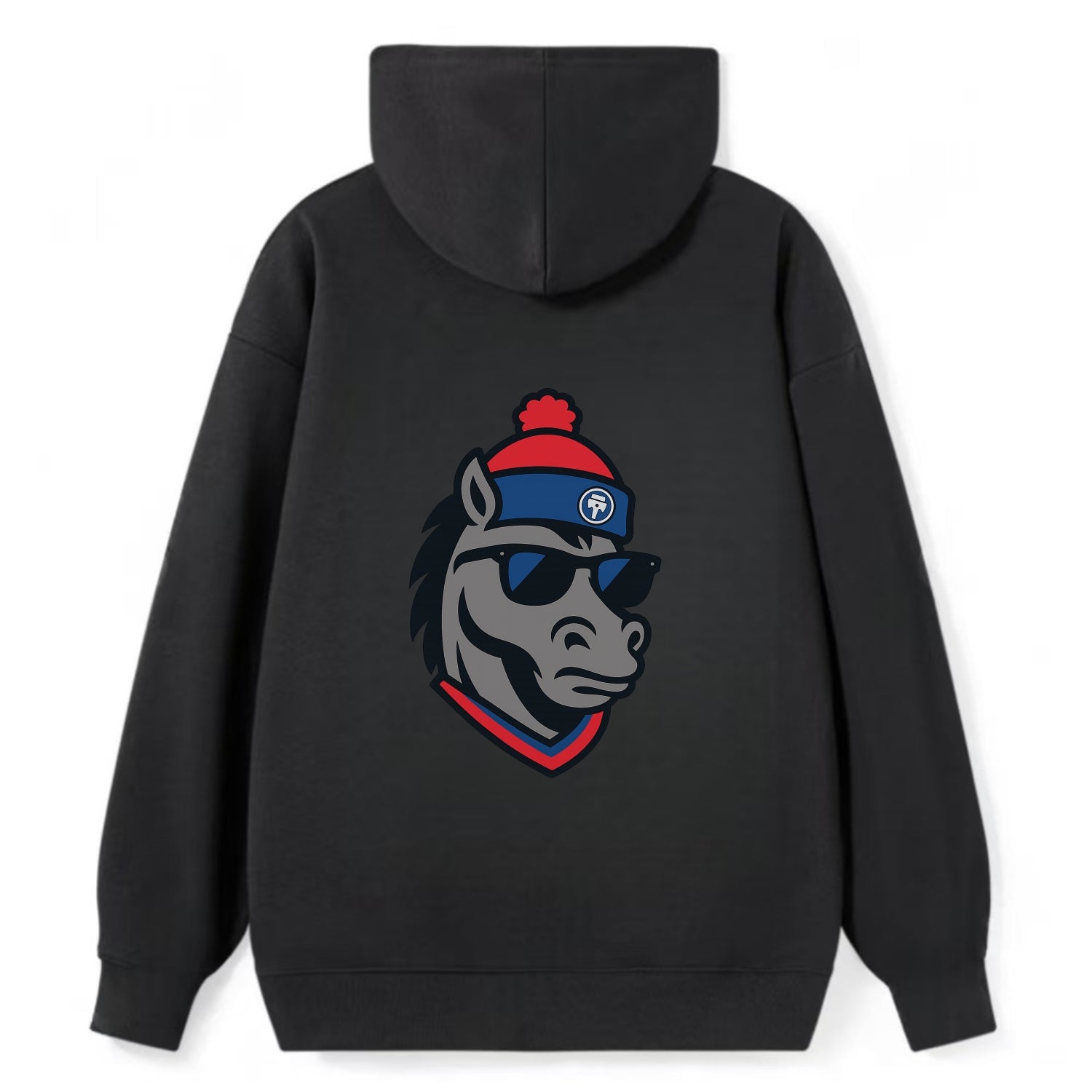 Detroit Stallion wearing Pistons red and blue beanie with piston patch - Classic Pullover Hoodie - Black