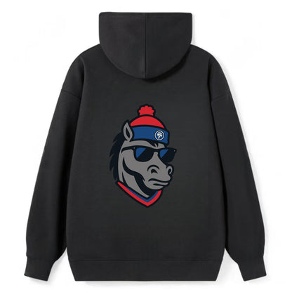 Detroit Stallion wearing Pistons red and blue beanie with piston patch - Classic Pullover Hoodie - Black