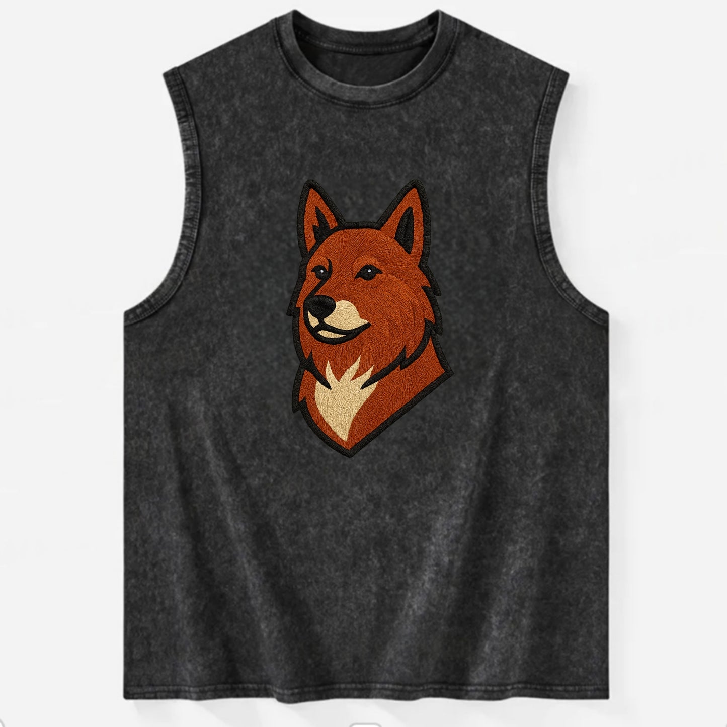 Finnish Spitz - Fox-red pointed ears embroidered pose - Vintage Washed Tank - Black