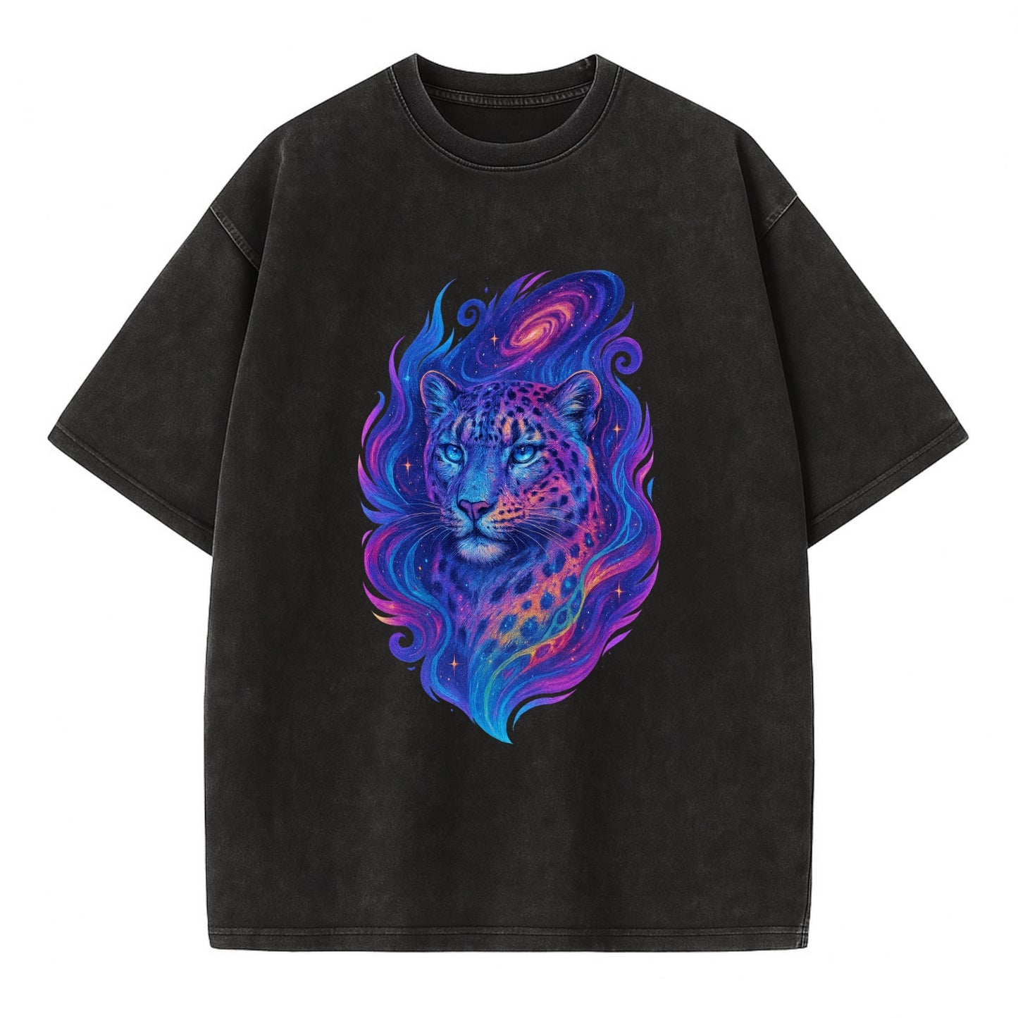 Majestic snow leopard with rainbow gradient spots, crystalline flowing patterns, - Vintage T-shirt - Black