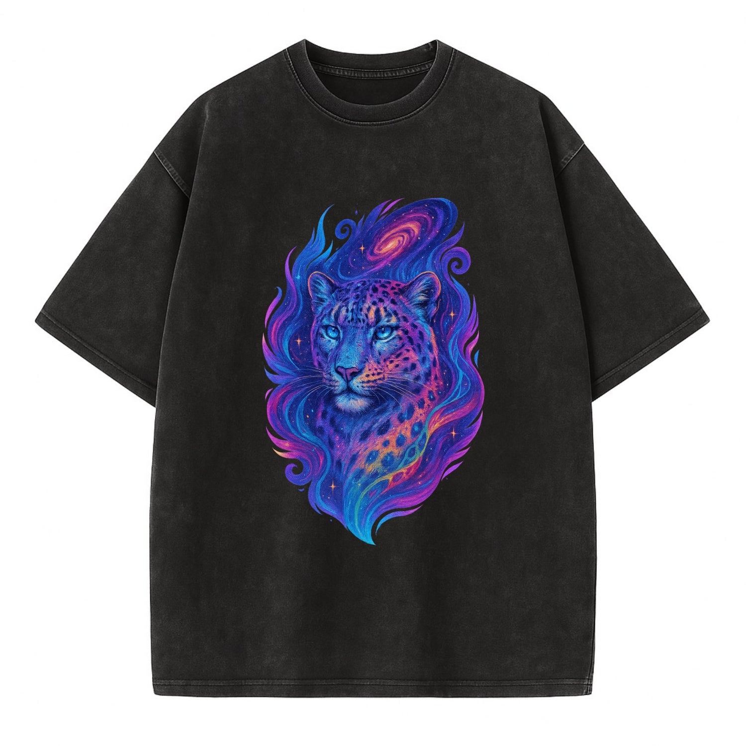 Majestic snow leopard with rainbow gradient spots, crystalline flowing patterns, - Vintage T-shirt - Black