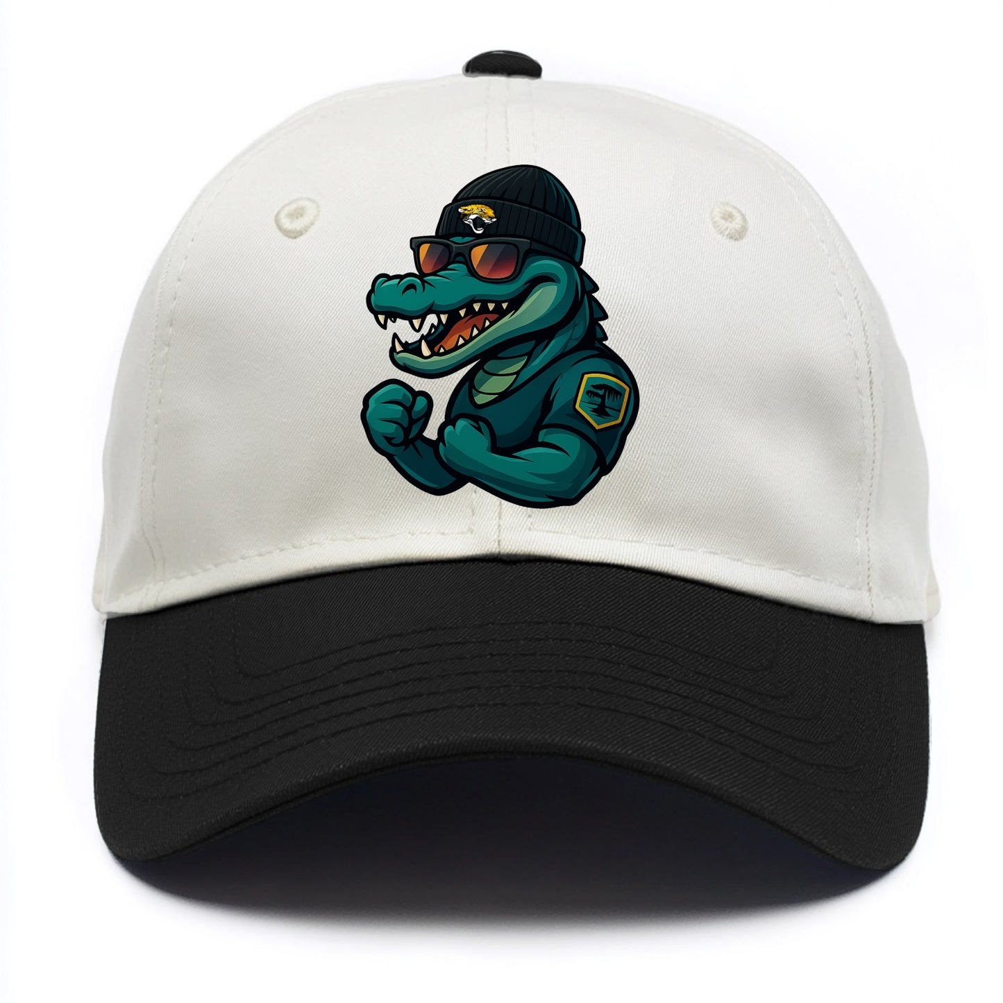 Jacksonville Alligator wearing Jaguars beanie with swamp patch and wayfarer - Two Tone Cap - Black