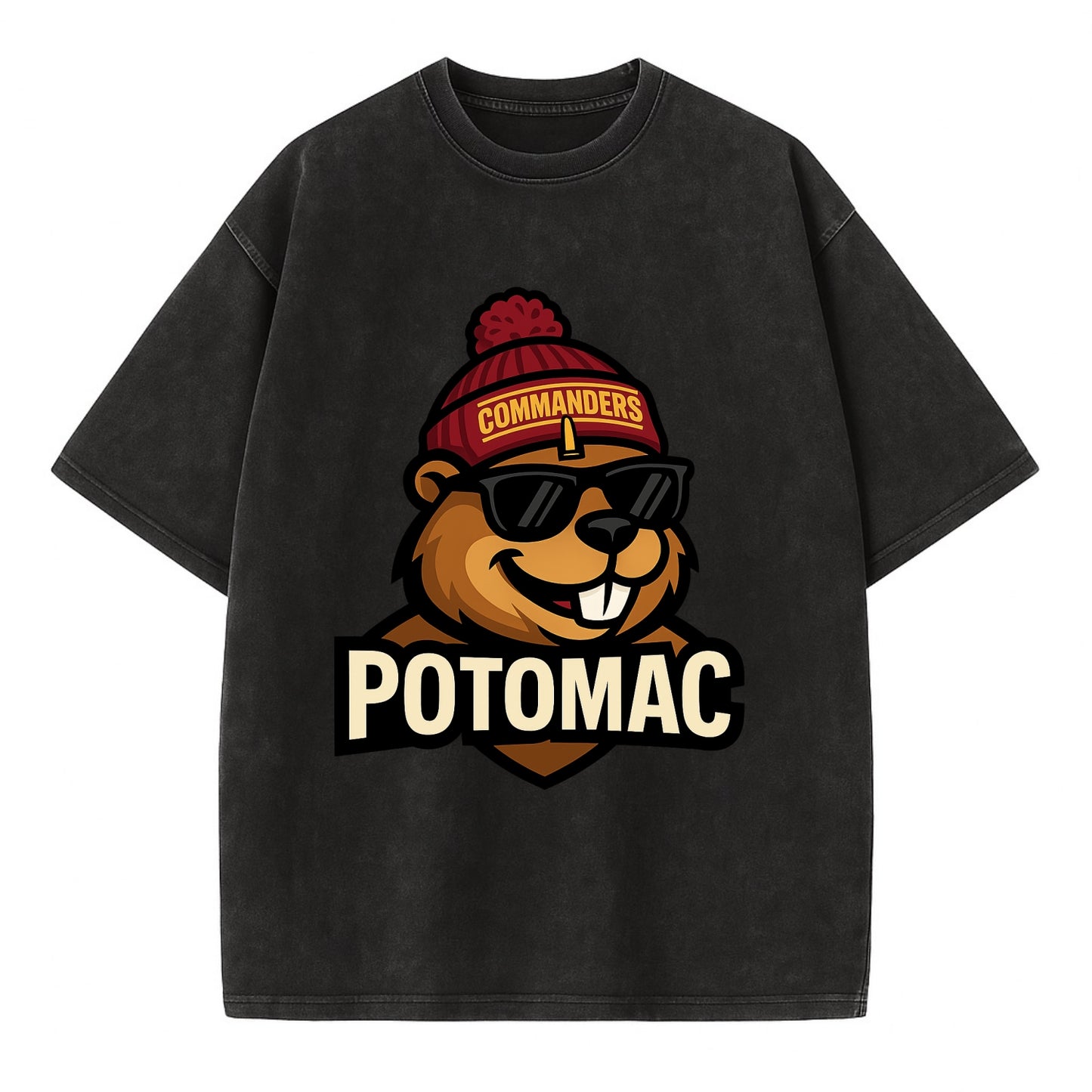 Potomac Beaver wearing Commanders beanie with monument patch and wayfarer - Vintage T-shirt - Black
