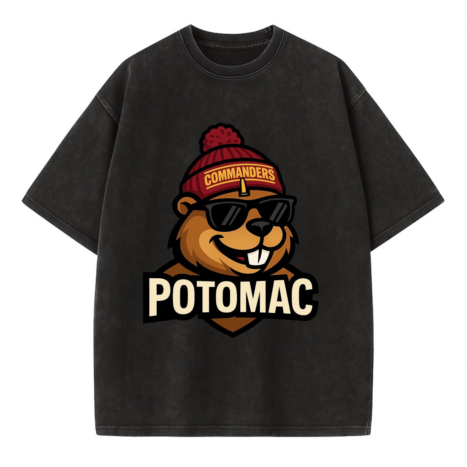 Potomac Beaver wearing Commanders beanie with monument patch and wayfarer - Vintage T-shirt - Black