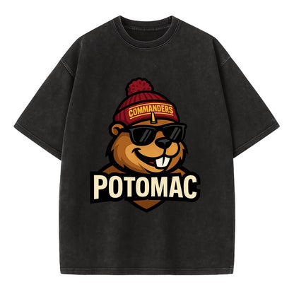 Potomac Beaver wearing Commanders beanie with monument patch and wayfarer - Vintage T-shirt - Black