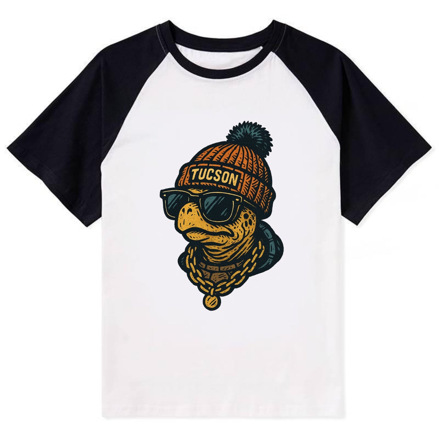 Tucson Desert Tortoise wearing Tucson beanie with pom pom and wayfarer - Contrast Raglan T-shirt - Black