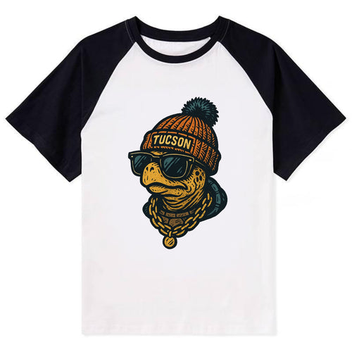 Tucson Desert Tortoise wearing Tucson beanie with pom pom and wayfarer - Contrast Raglan T-shirt