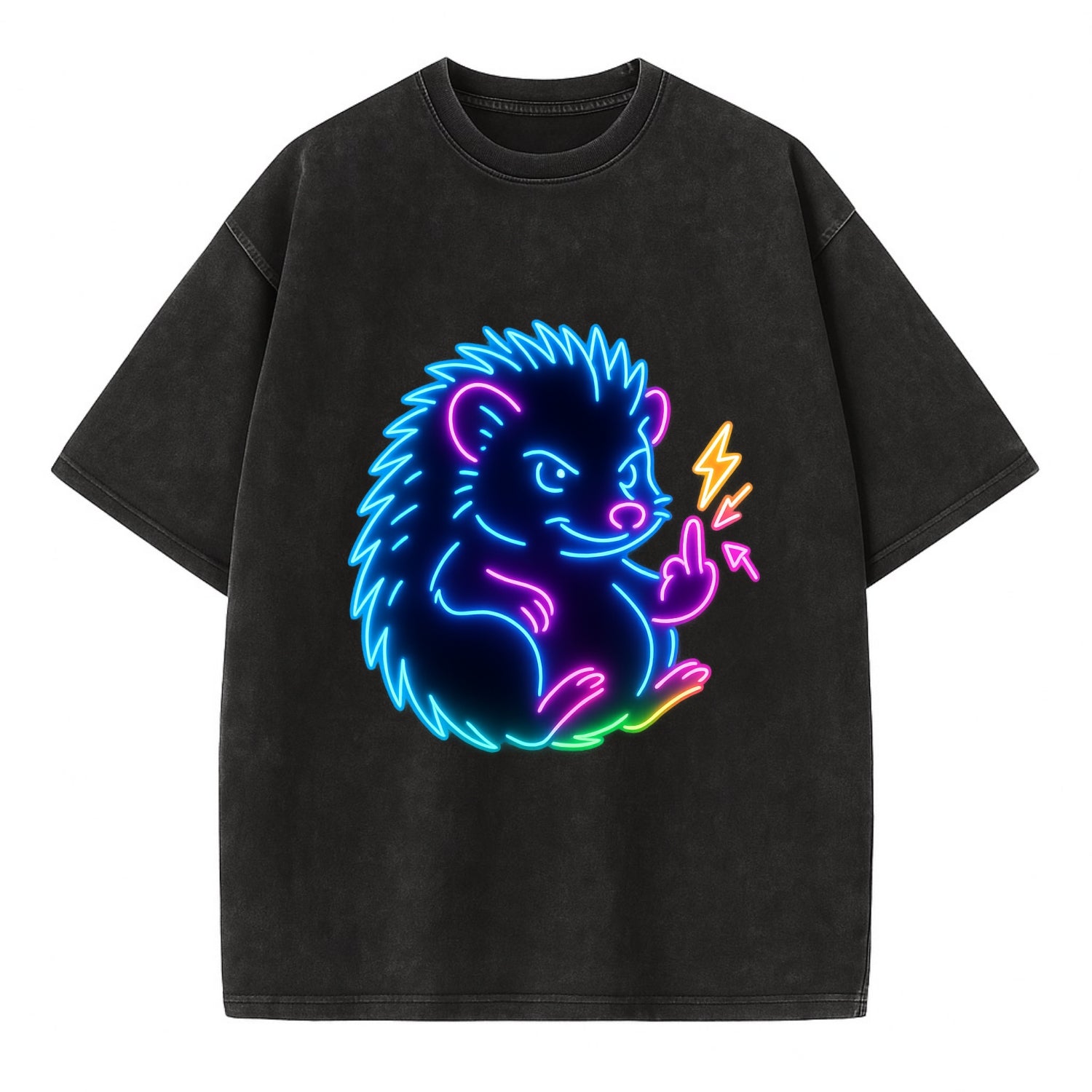 tiny hedgehog curled up slightly, one little paw raised flipping the bird - Vintage T-shirt - Black