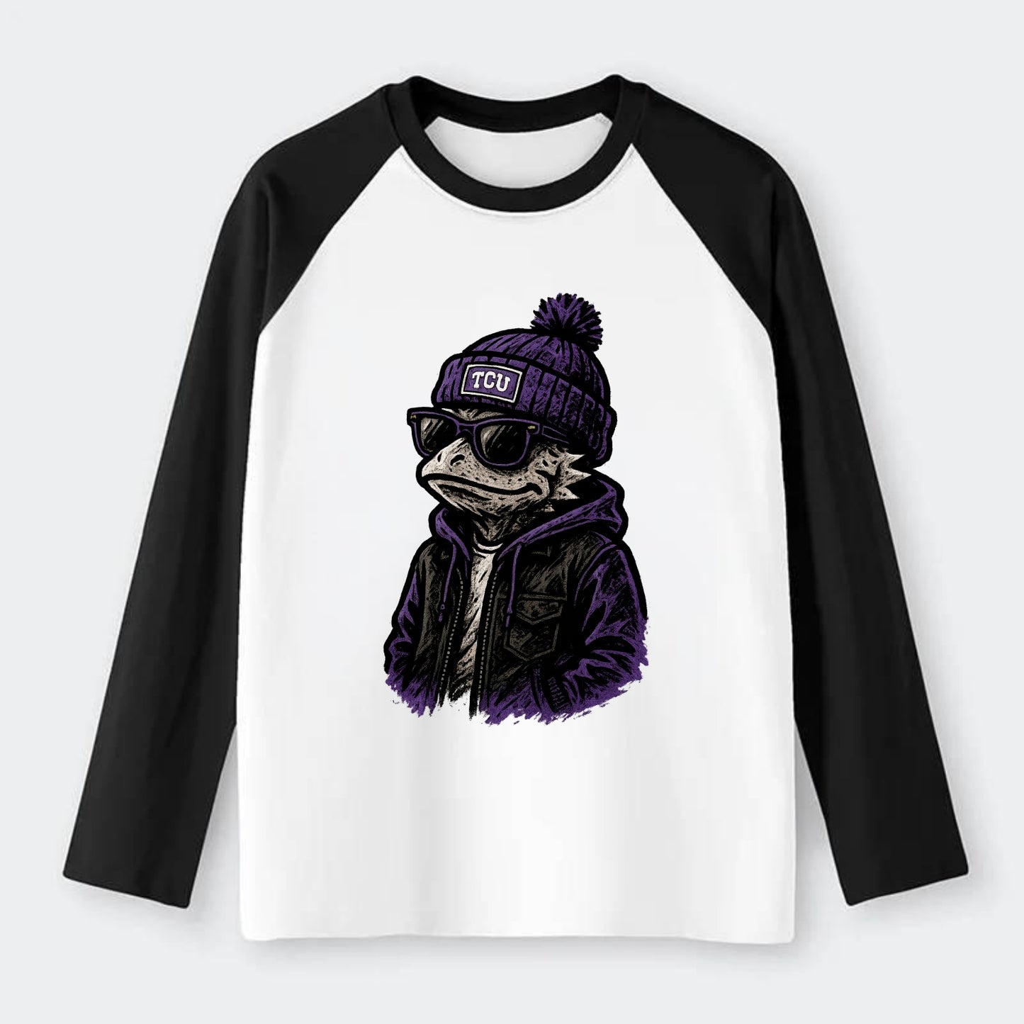 Fort Worth Frog wearing TCU beanie with horned patch - Raglan Long Sleeve T-Shirt - Black