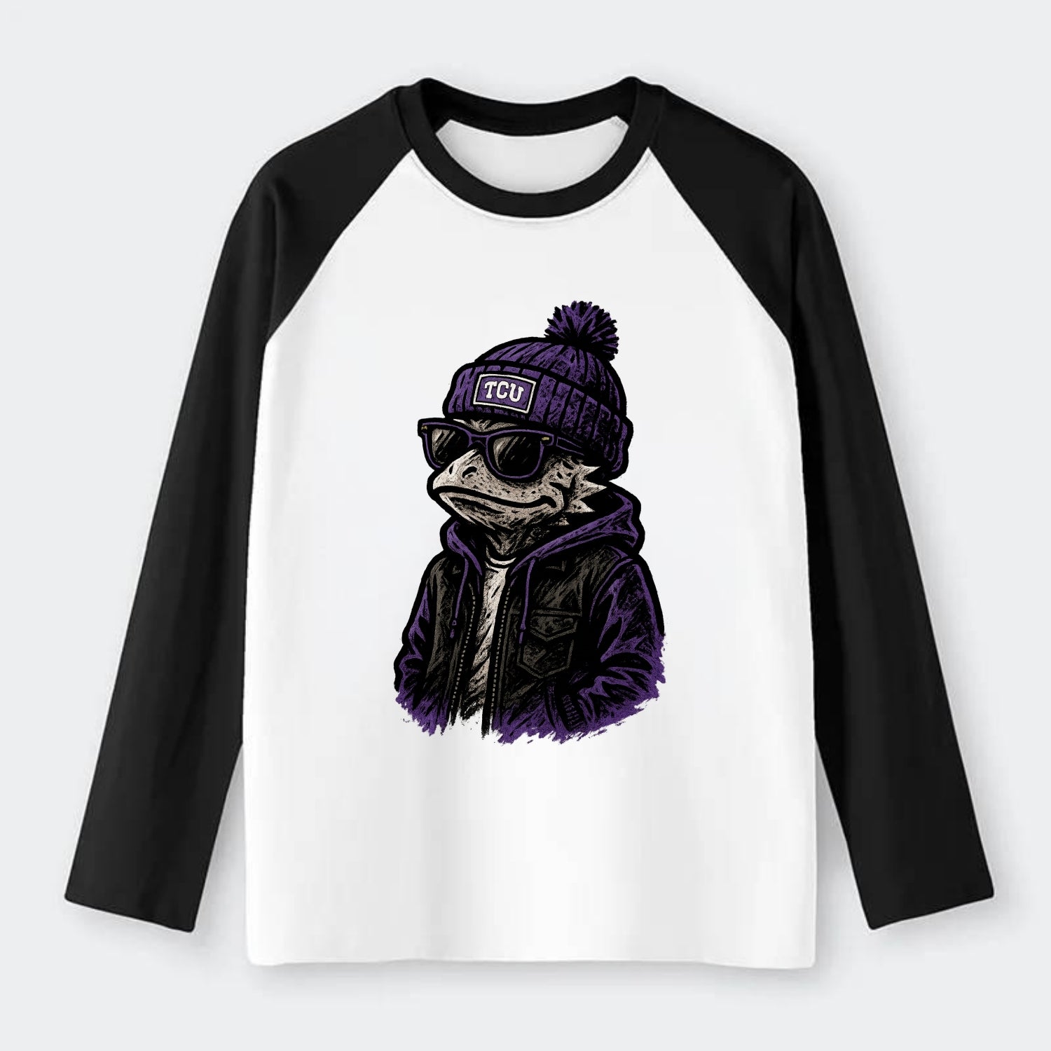 Fort Worth Frog wearing TCU beanie with horned patch - Raglan Long Sleeve T-Shirt - Black