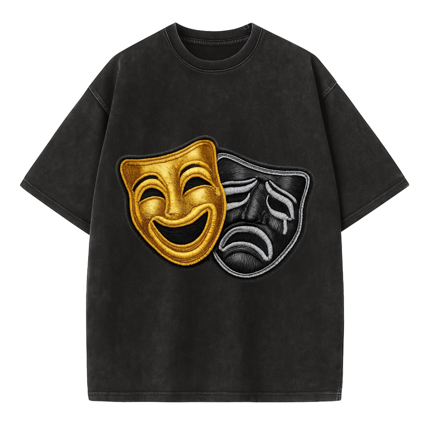 BROADWAY MASKS - comedy tragedy masks in gold and black , theater - Vintage T-shirt - Black