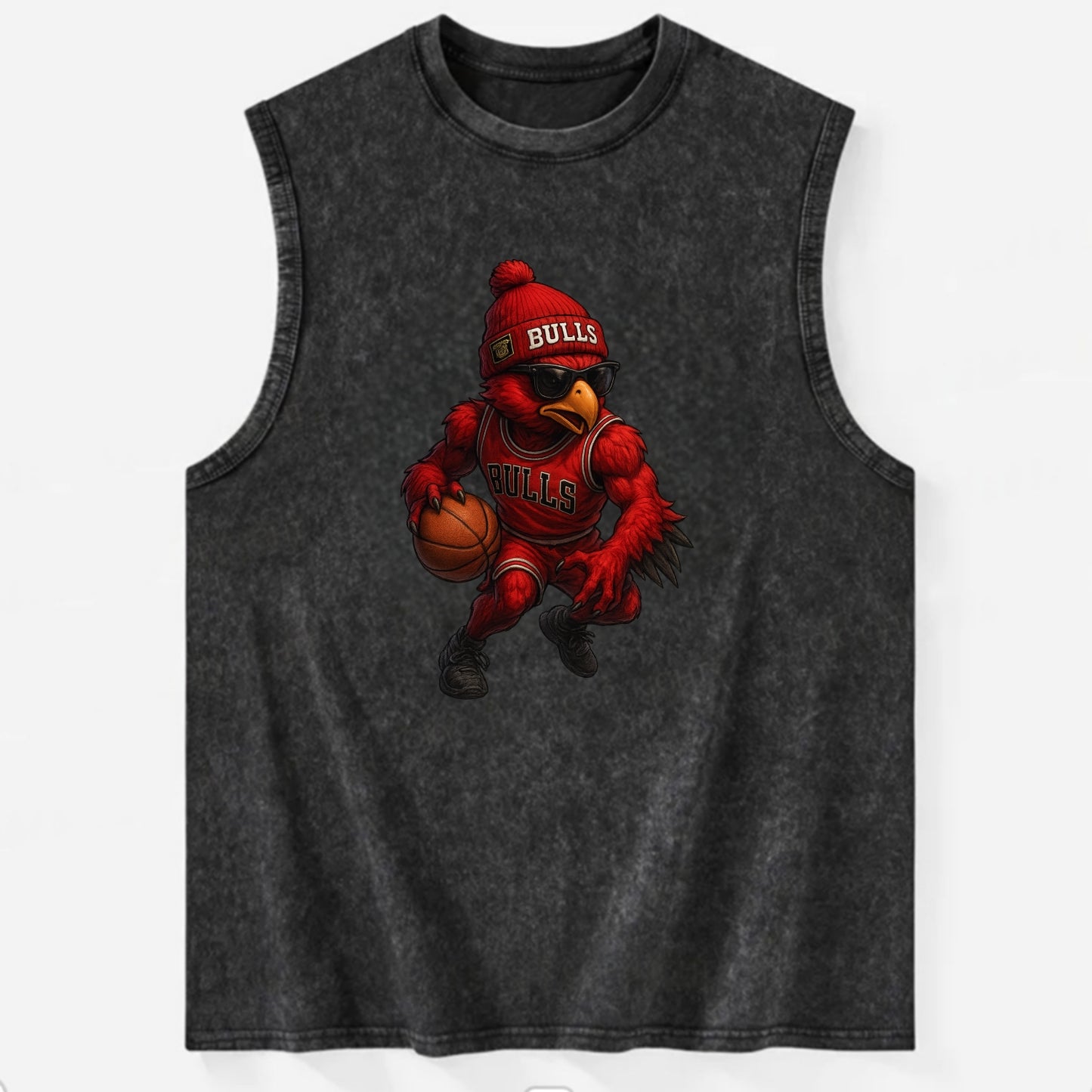 Windy City Hawk wearing Bulls beanie with six rings patch and wayfarer - Vintage Washed Tank - Black