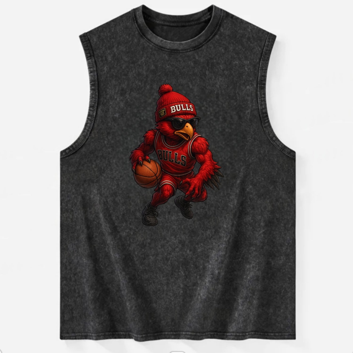 Windy City Hawk wearing Bulls beanie with six rings patch and wayfarer - Vintage Washed Tank - Black