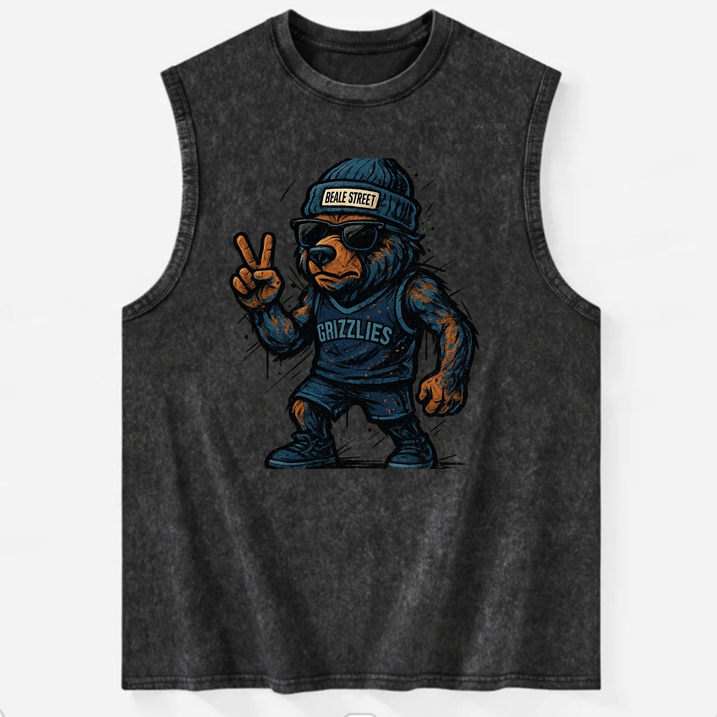 Memphis Grizzly Bear wearing Grizzlies navy and light blue beanie with Beale - Vintage Washed Tank - Black