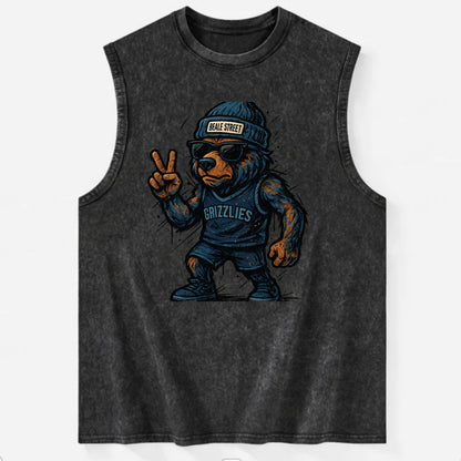 Memphis Grizzly Bear wearing Grizzlies navy and light blue beanie with Beale - Vintage Washed Tank - Black