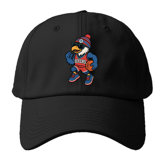 Philadelphia Eagle wearing 76ers red white and blue beanie with bell patch and - Baseball Cap - Black