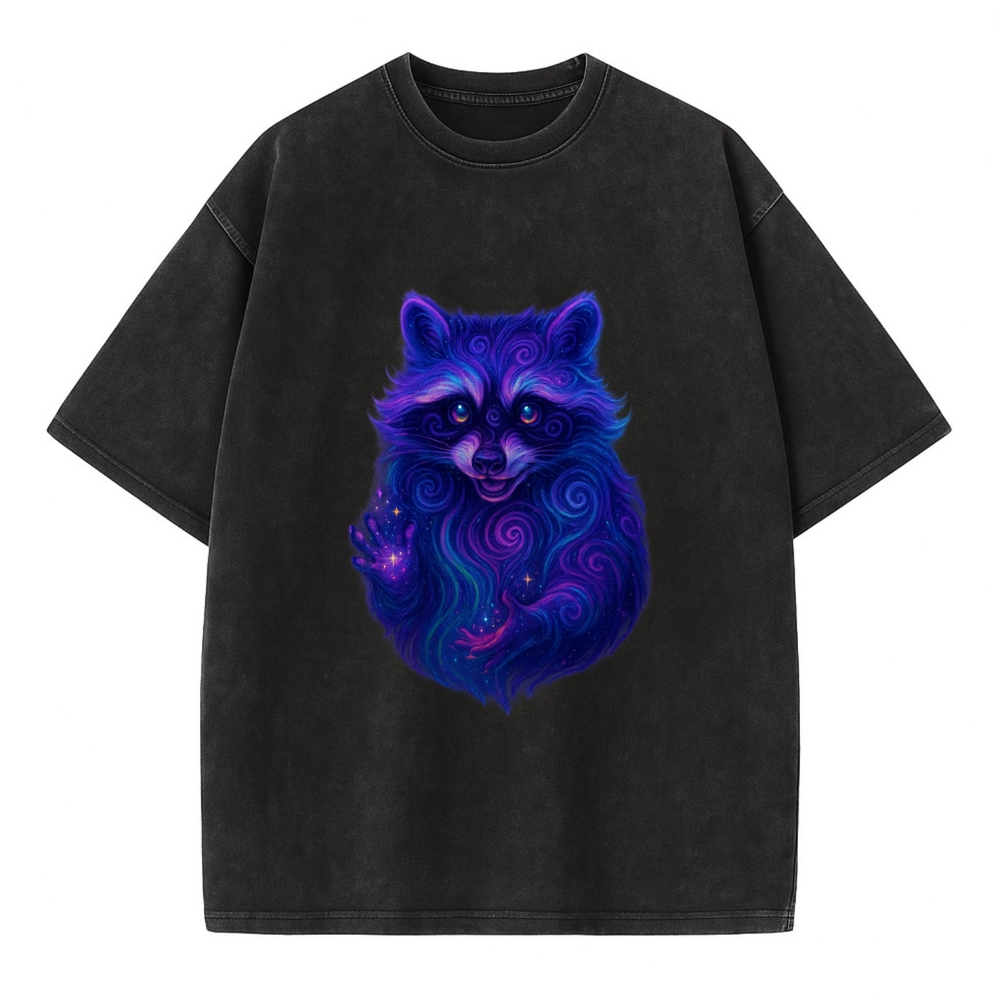 Playful raccoon with mask swirling in hypnotic patterns, neon purple and green - Vintage T-shirt - Black