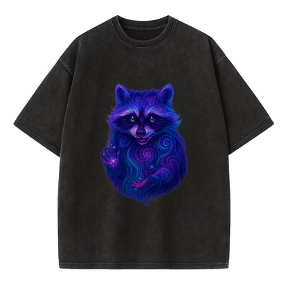 Playful raccoon with mask swirling in hypnotic patterns, neon purple and green - Vintage T-shirt - Black