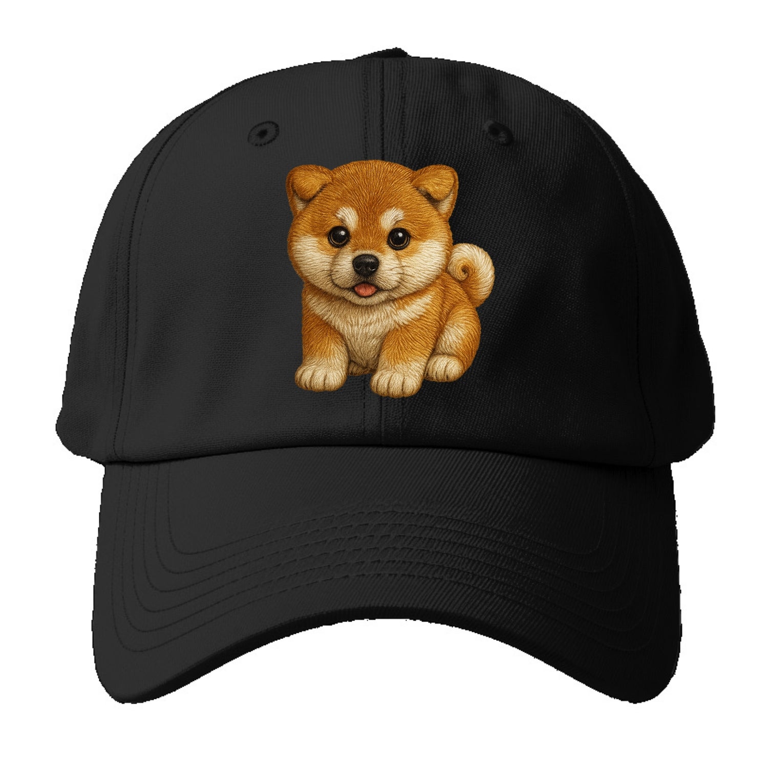 Baby Akita Puppy - fluffy bear-like, curled tail, dignified eyes, front-facing, - Baseball Cap - Black