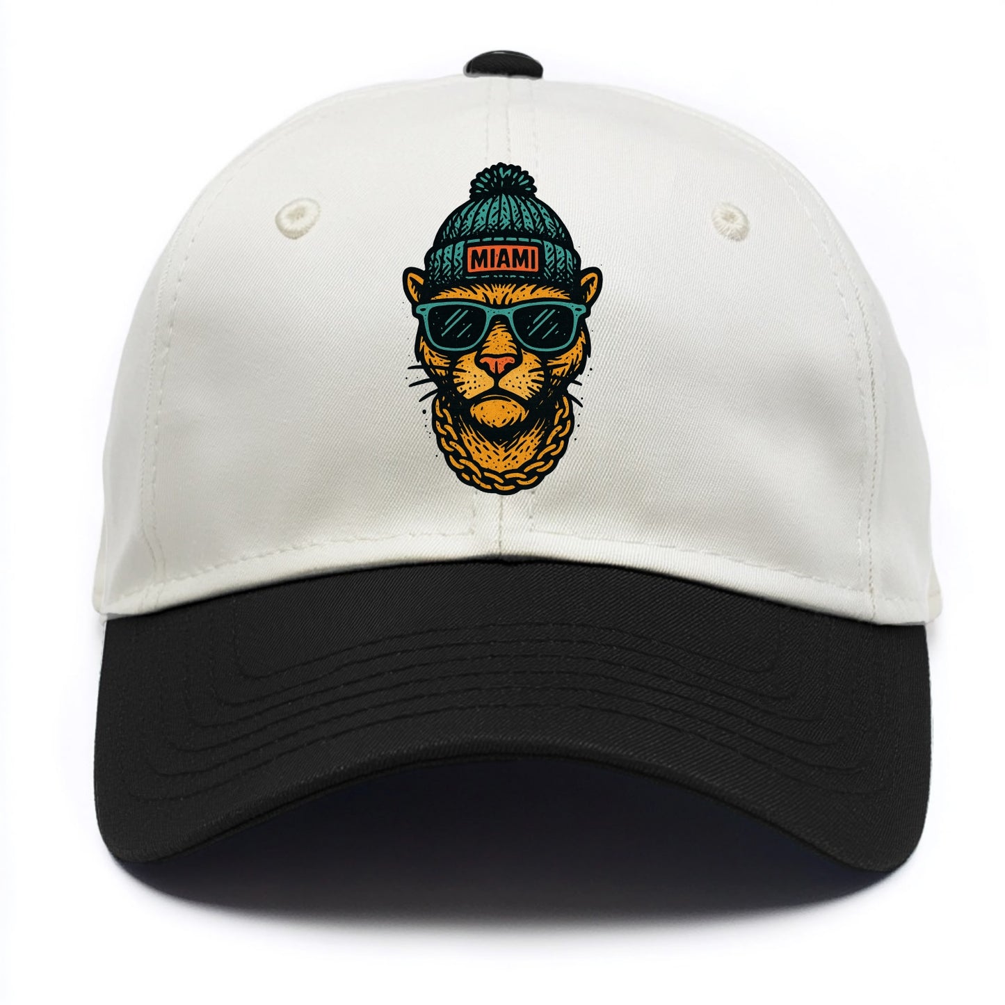 Florida Panther wearing Miami beanie with pom pom and wayfarer sunglasses - Two Tone Cap - Black