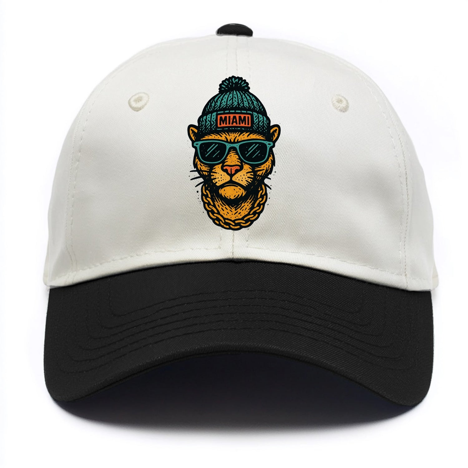 Florida Panther wearing Miami beanie with pom pom and wayfarer sunglasses - Two Tone Cap - Black