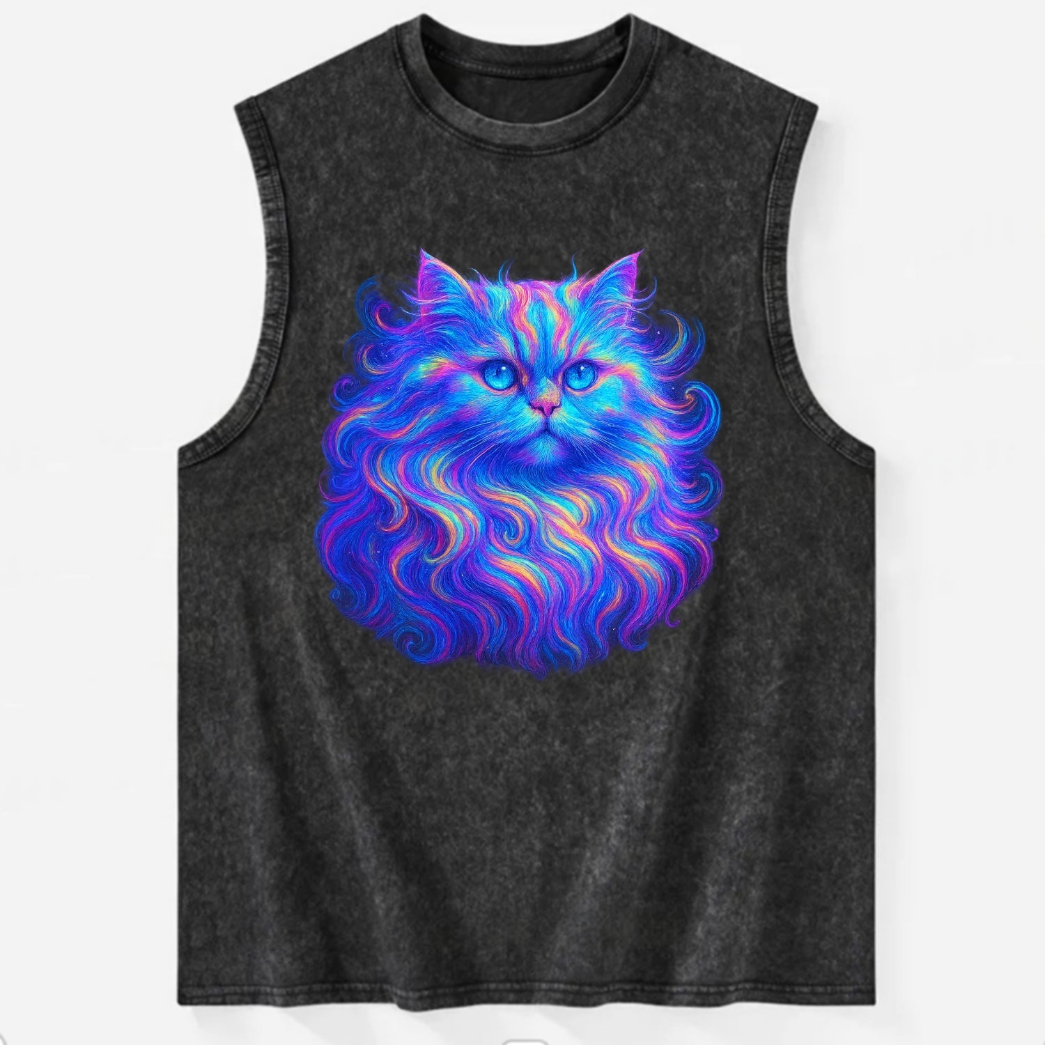 Luxurious Persian cat with flowing fur that refracts into rainbow prisms, - Vintage Washed Tank - Black
