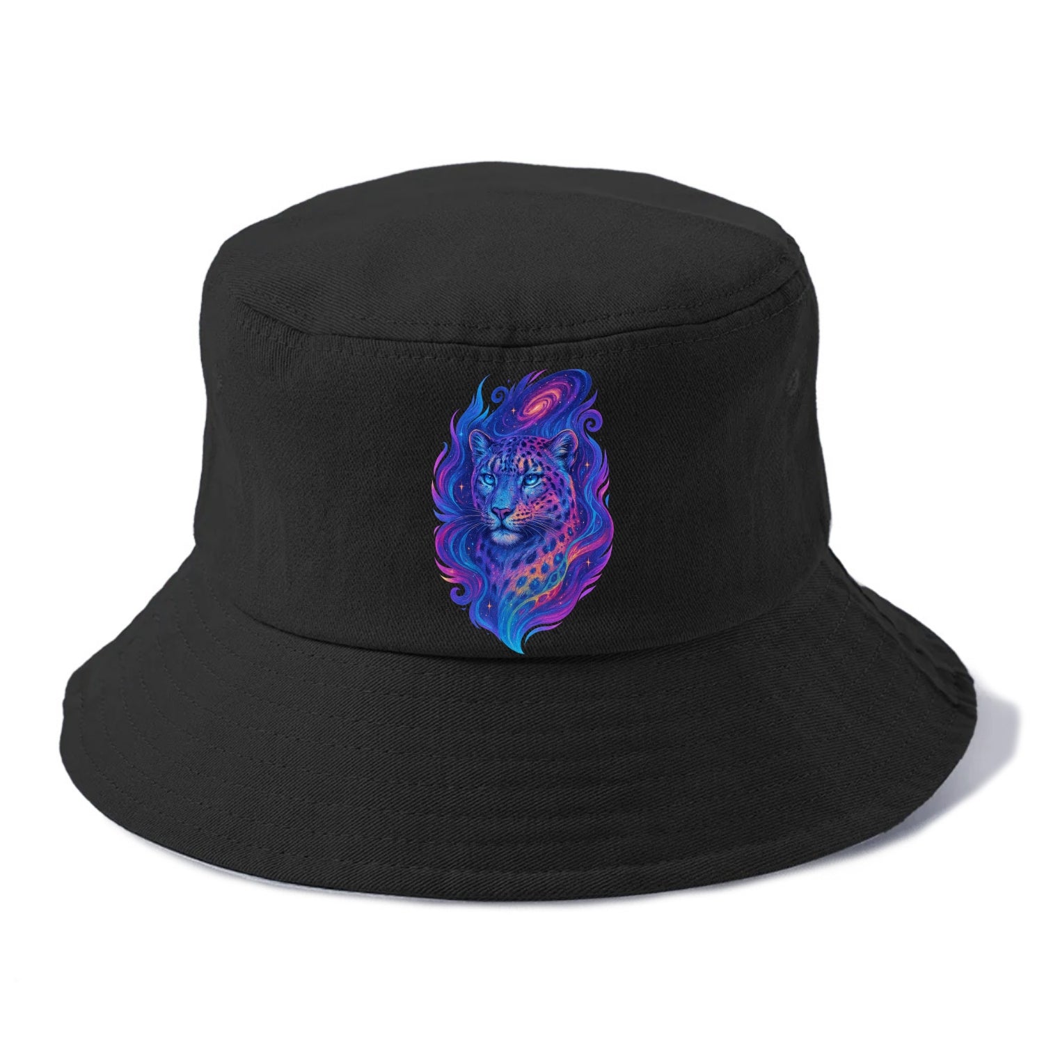 Majestic snow leopard with rainbow gradient spots, crystalline flowing patterns, - Bucket Hat - Black
