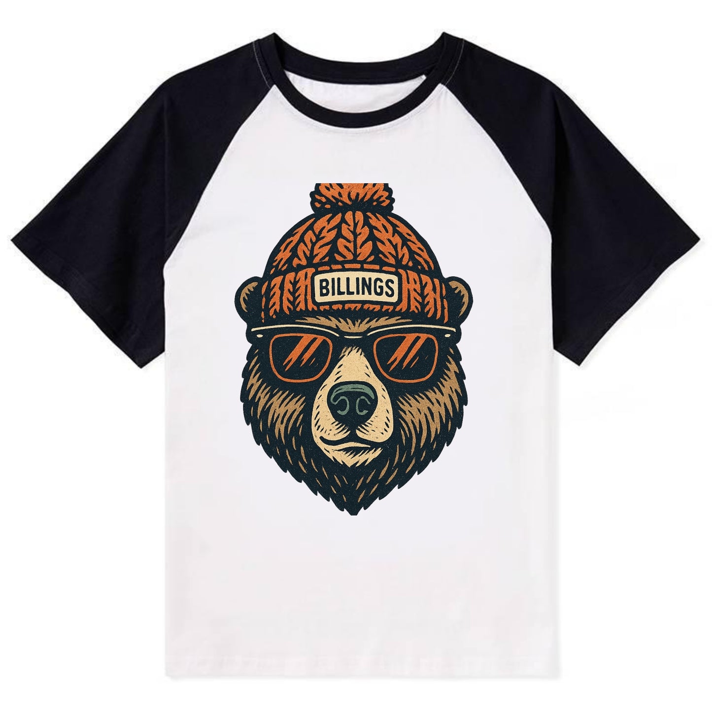 Montana Grizzly Bear wearing Billings beanie with pom pom and wayfarer - Contrast Raglan T-shirt - Black