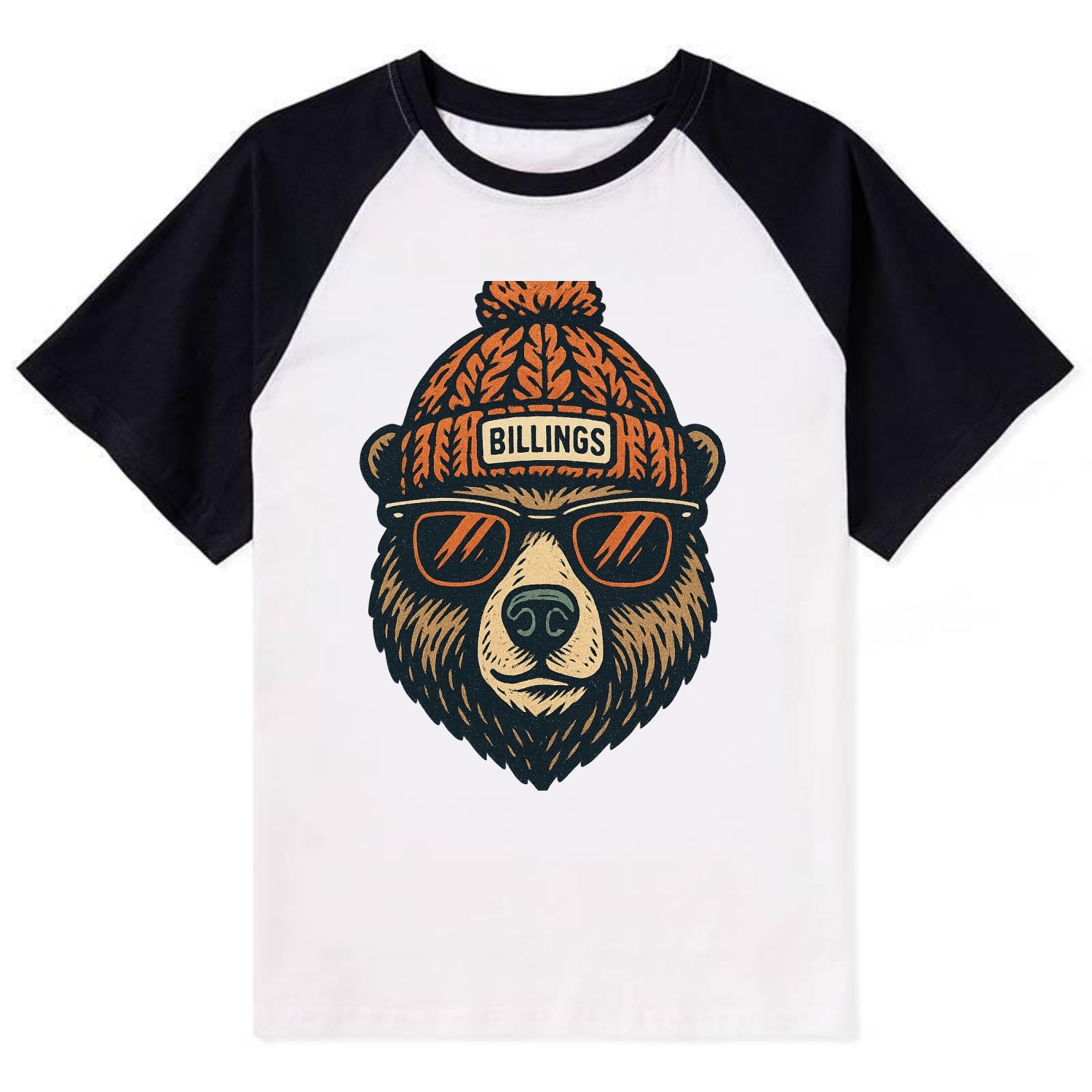 Montana Grizzly Bear wearing Billings beanie with pom pom and wayfarer - Contrast Raglan T-shirt - Black