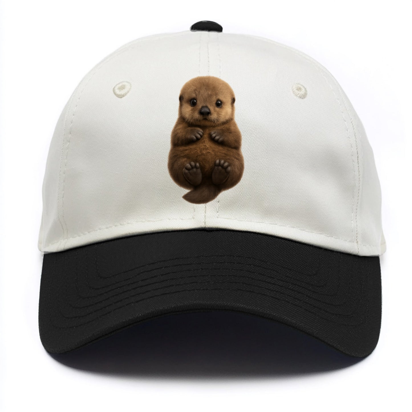 Baby Sea Otter - brown fluffy, floating on back, tiny paws, bright eyes, - Two Tone Cap - Black