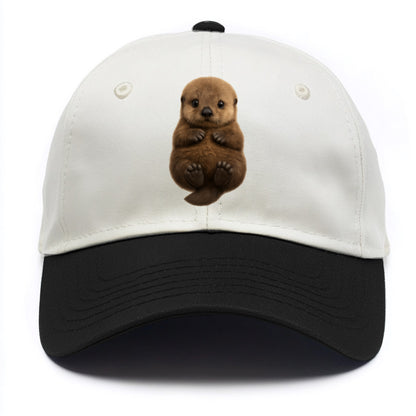 Baby Sea Otter - brown fluffy, floating on back, tiny paws, bright eyes, - Two Tone Cap - Black