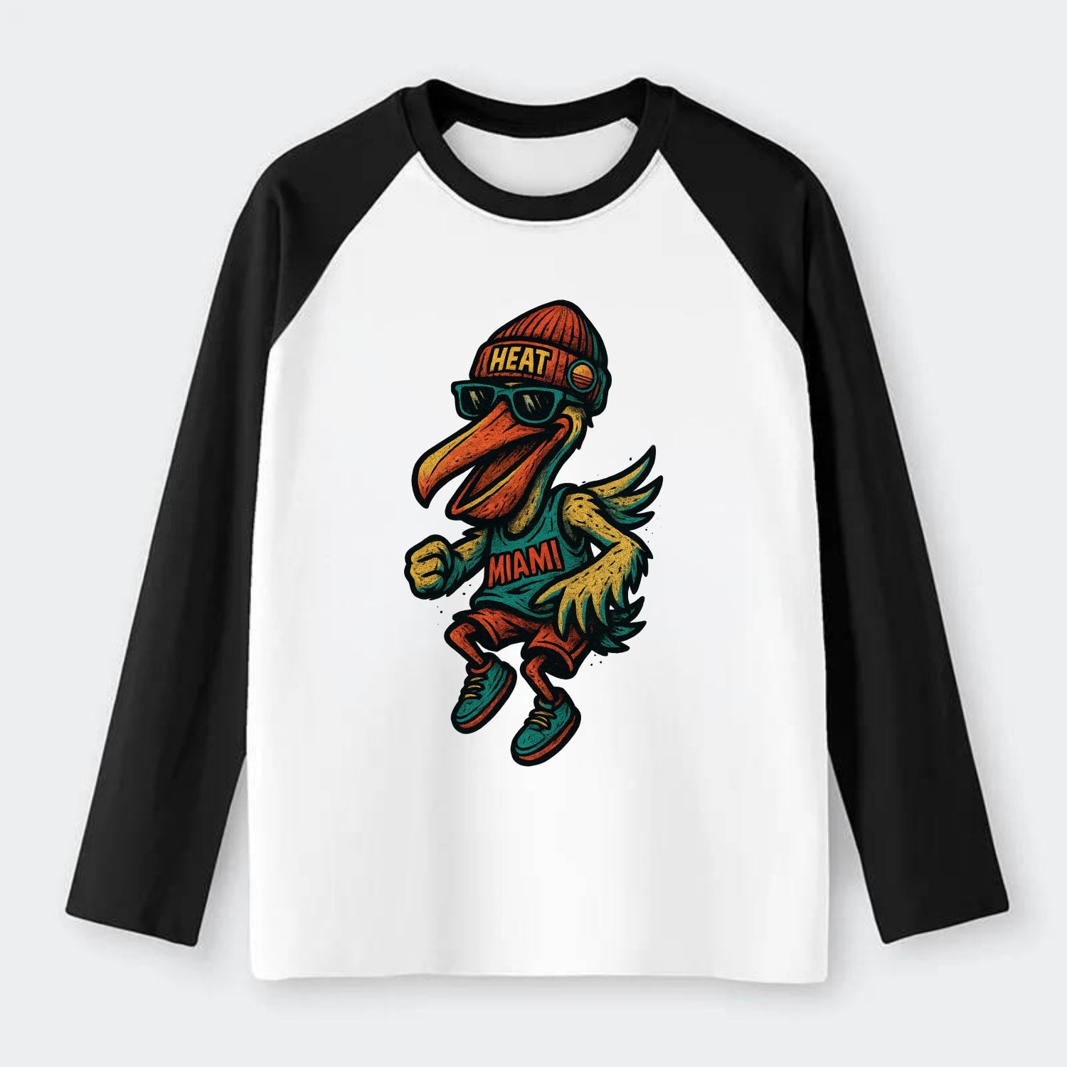 Miami Pelican wearing Heat beanie with sunset patch and wayfarer - Raglan Long Sleeve T-Shirt - Black