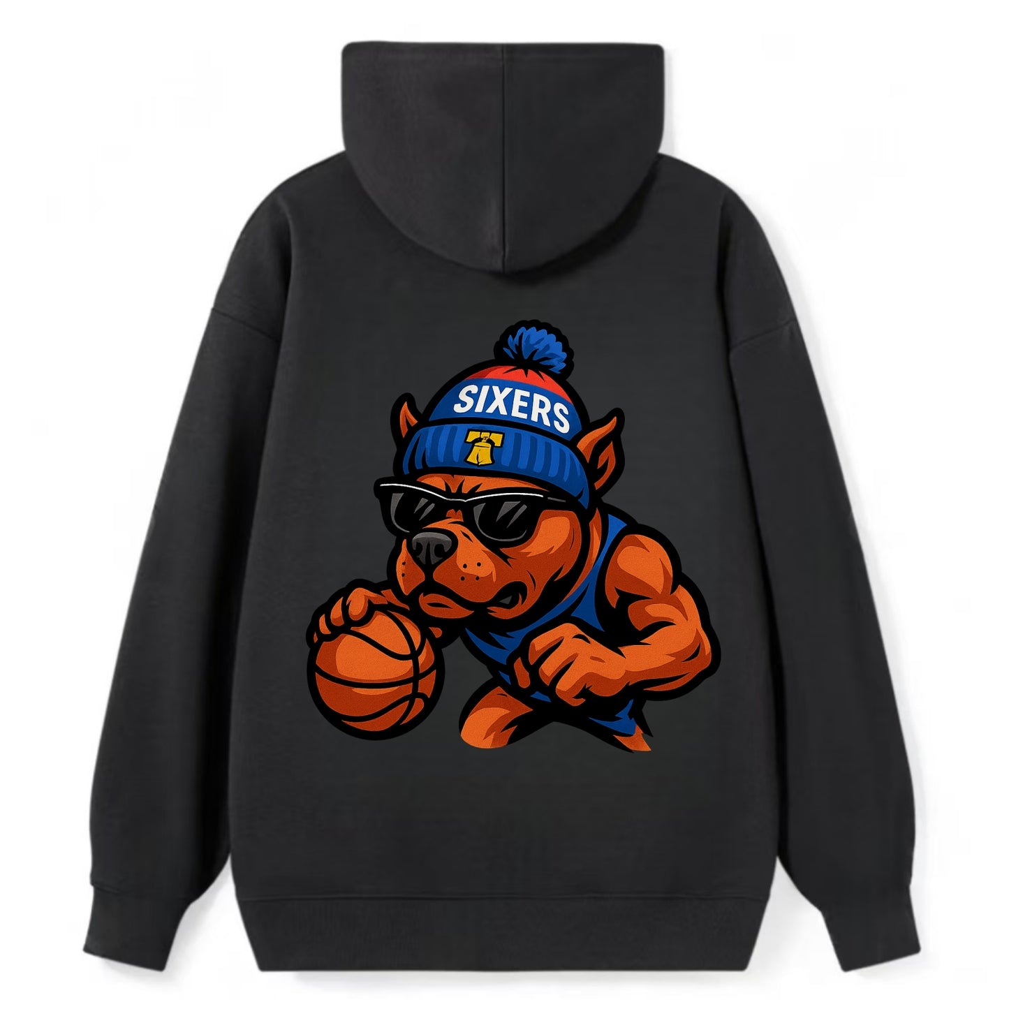 Philly Pitbull wearing Sixers beanie with Liberty Bell and wayfarer - Classic Pullover Hoodie - Black