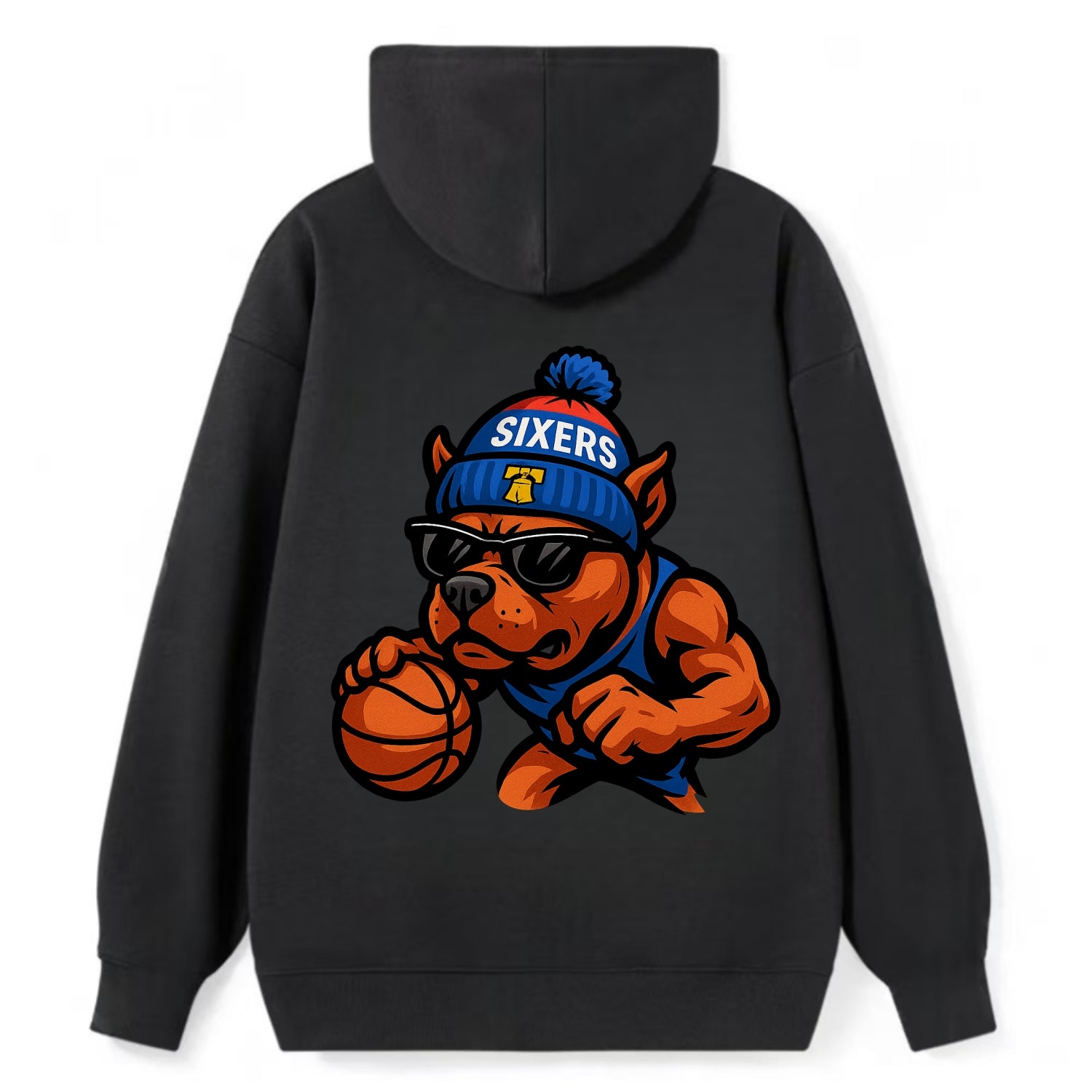 Philly Pitbull wearing Sixers beanie with Liberty Bell and wayfarer - Classic Pullover Hoodie - Black