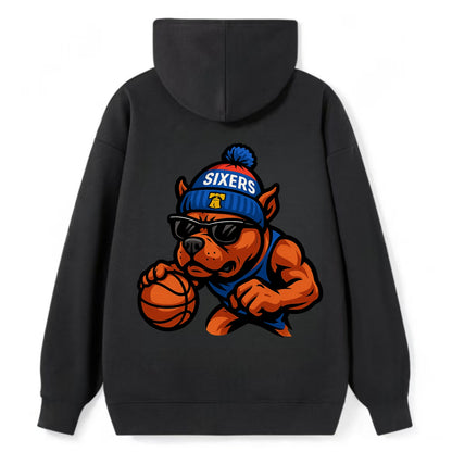 Philly Pitbull wearing Sixers beanie with Liberty Bell and wayfarer - Classic Pullover Hoodie - Black