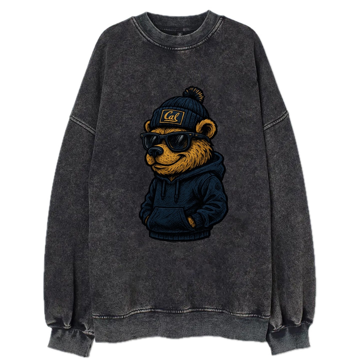Berkeley Bear wearing Cal beanie with script patch - Vintage Sweatshirt - Black