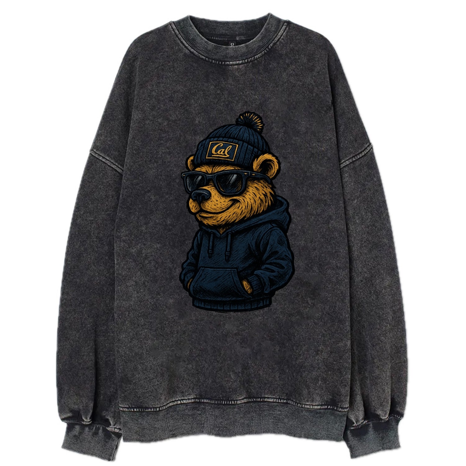 Berkeley Bear wearing Cal beanie with script patch - Vintage Sweatshirt - Black