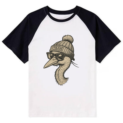 Toledo Great Blue Heron wearing Toledo beanie with pom pom and wayfarer - Contrast Raglan T-shirt - Black