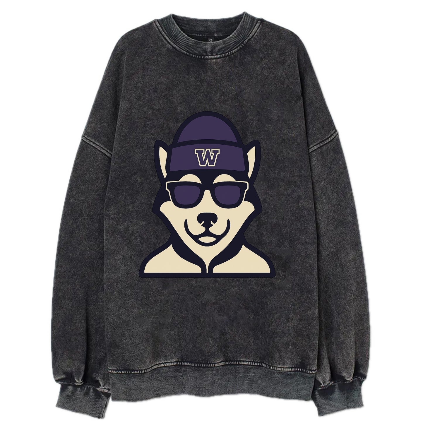 Seattle Husky wearing Washington beanie with W patch - Vintage Sweatshirt - Black