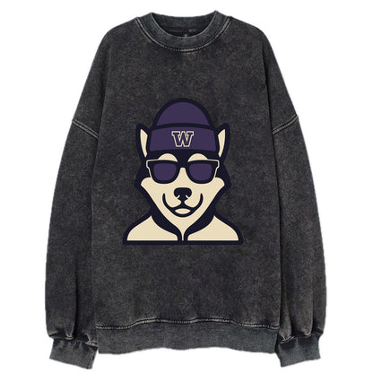 Seattle Husky wearing Washington beanie with W patch - Vintage Sweatshirt - Black
