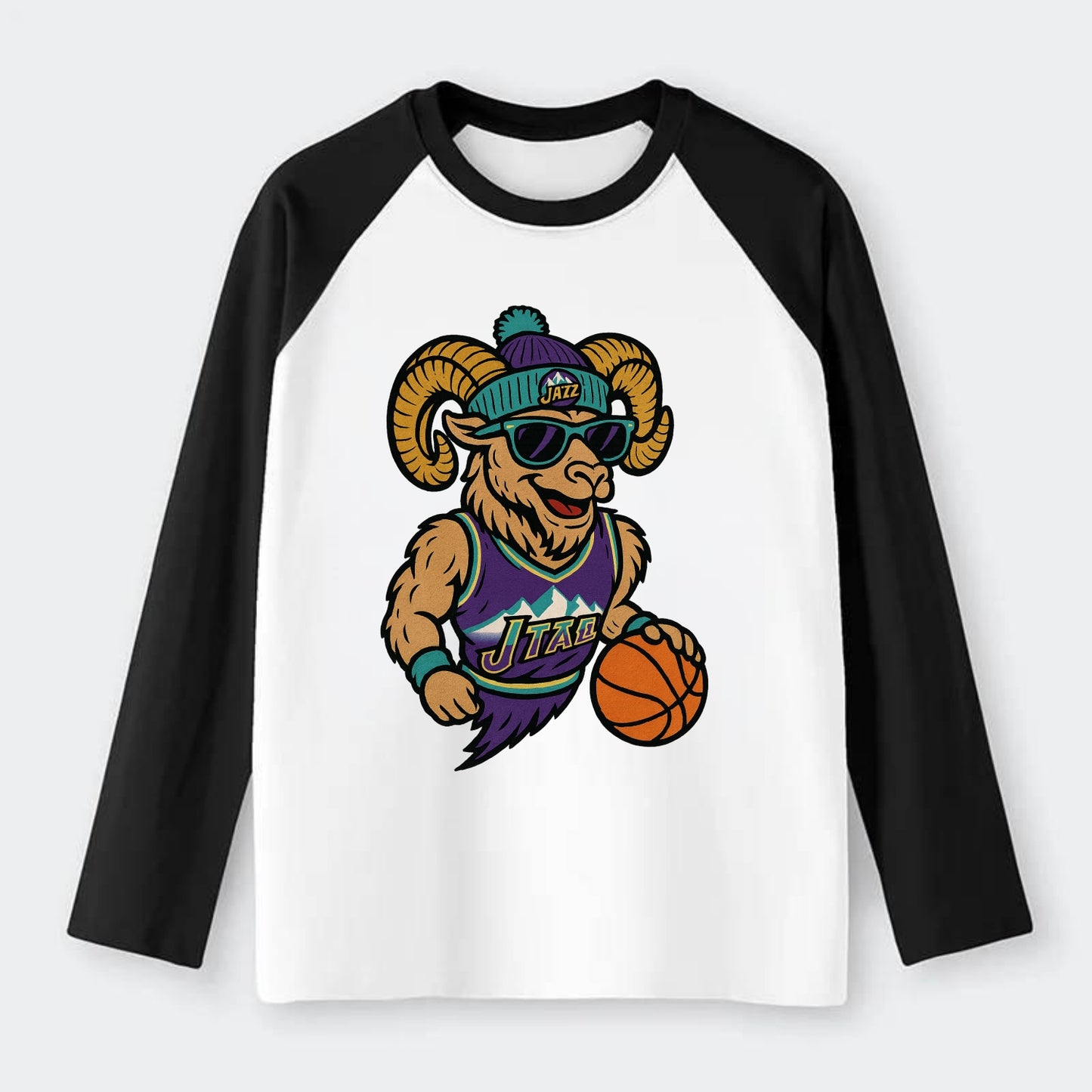 Utah Bighorn wearing Jazz beanie with mountain melody patch and - Raglan Long Sleeve T-Shirt - Black