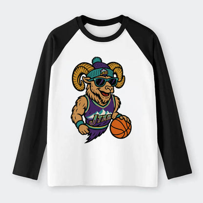 Utah Bighorn wearing Jazz beanie with mountain melody patch and - Raglan Long Sleeve T-Shirt - Black