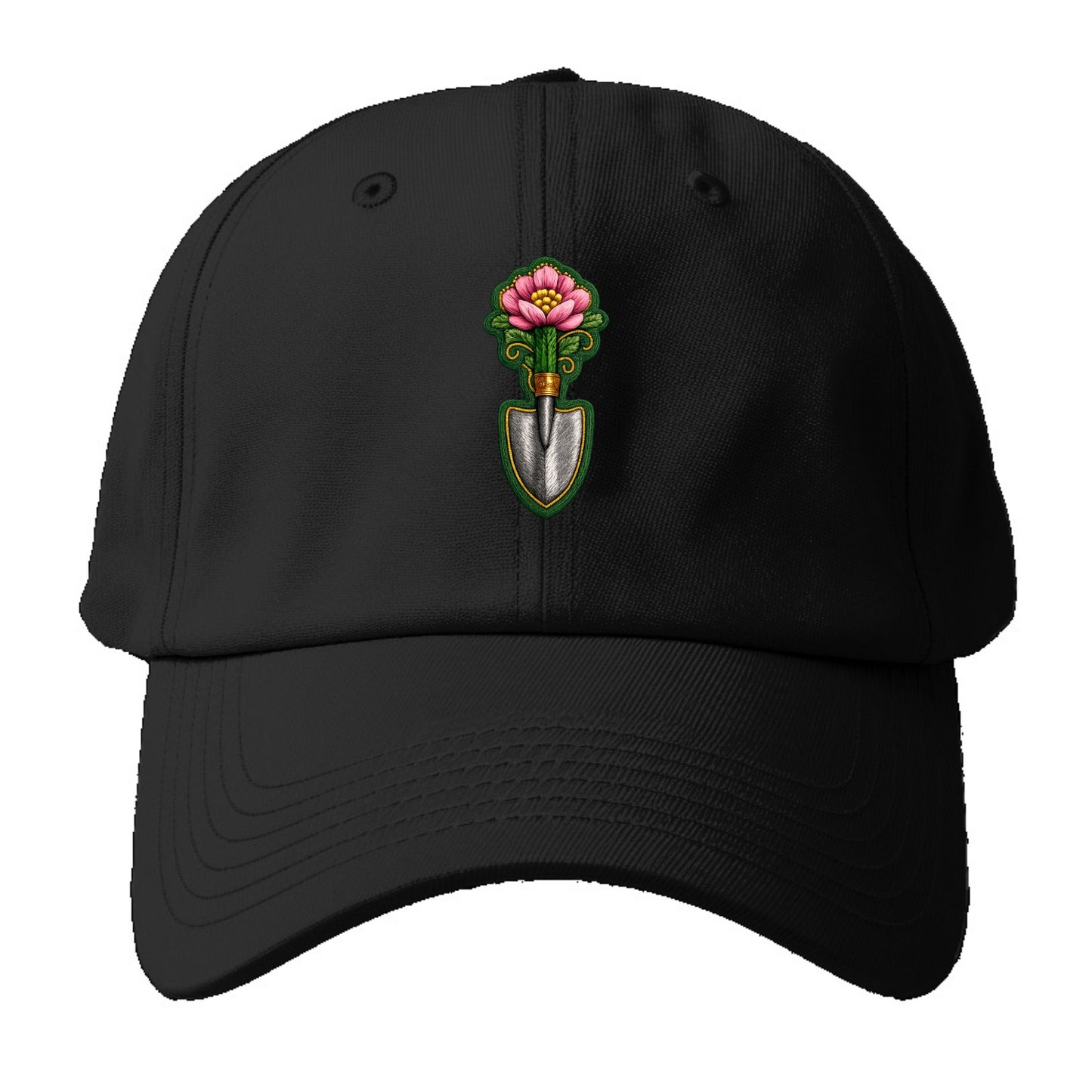 Embroidered patch design - GARDENING TROWEL FLOWER - garden tool with blooming - Baseball Cap - Black